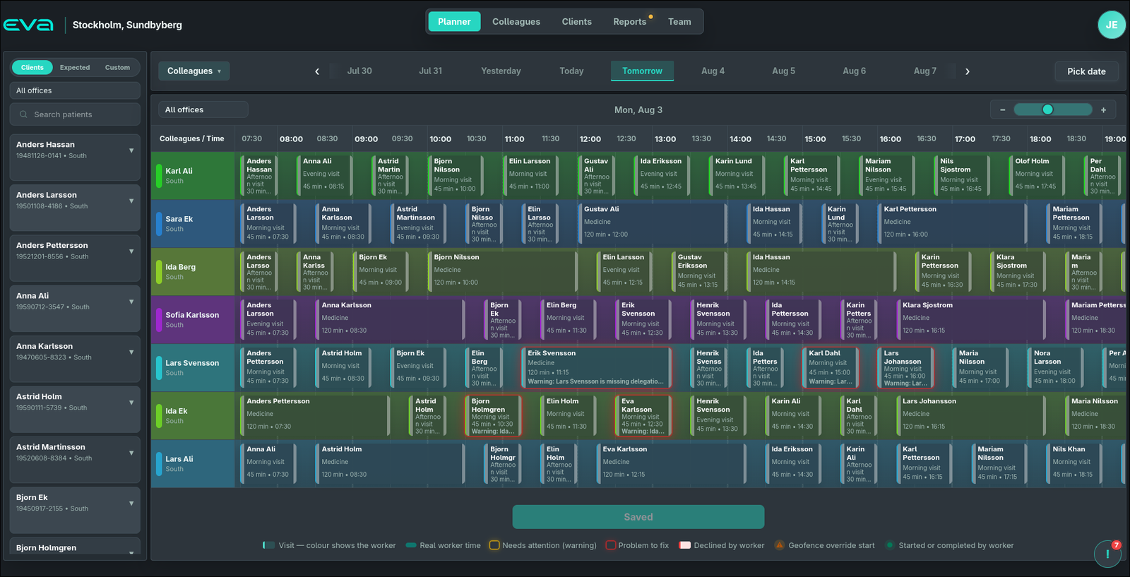 EVA planner showing a day of home-care visits across colleagues and time